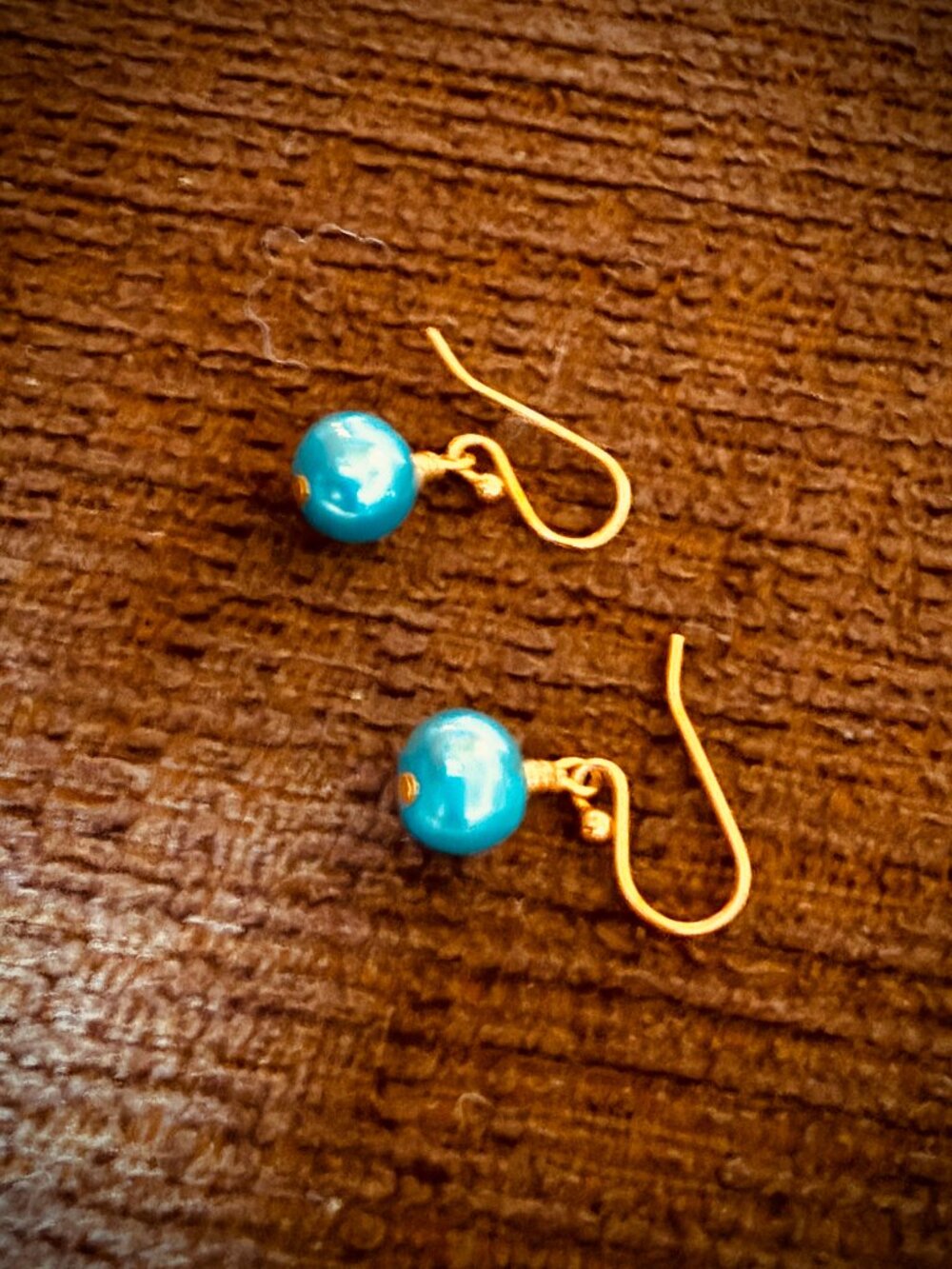 Vintage turquoise-blue pearl ball drop earrings with yellow gold wire hooks